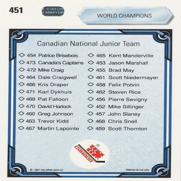 Checklist Card - 1990/1991 Canada National Junior Team - Card Number 451 - Picture 2 of 2